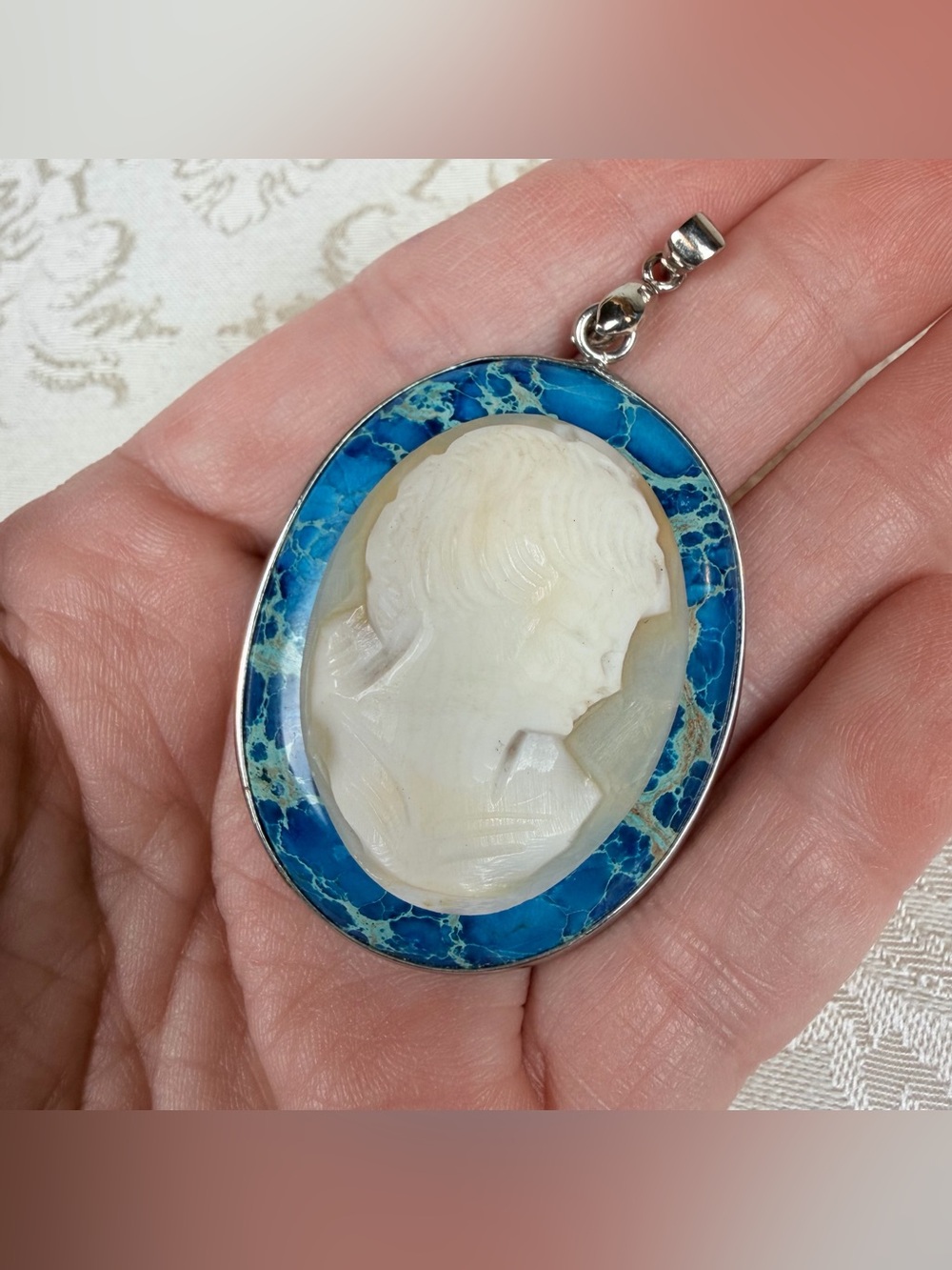 Vintage Sterling Silver Framed Carved Cameo Set in Blue, Vintage, Statement